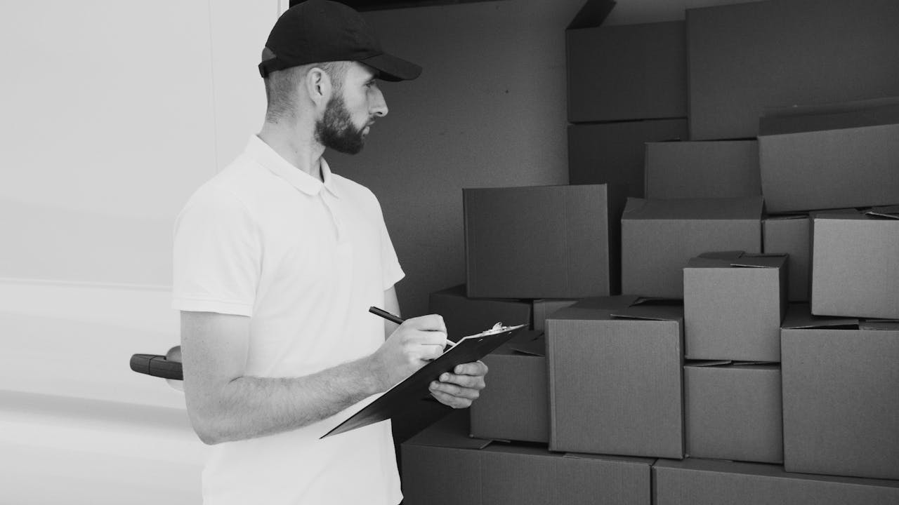 services-03 A delivery man inspecting cardboard boxes in a van, preparing for shipment.