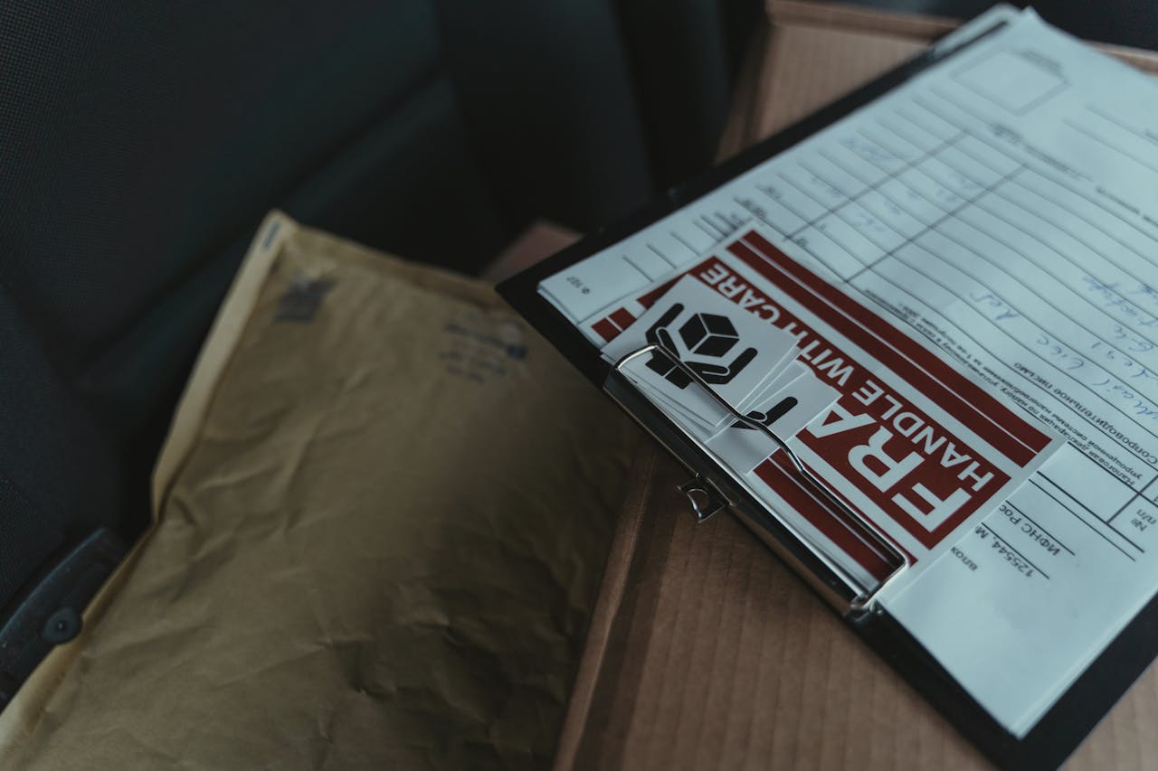 about-us-02 A detailed view of postal packages and delivery paperwork inside a van, emphasizing logistics.