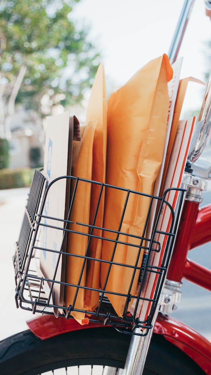 about-us-02 Bicycle with a basket full of packages and envelopes, perfect for delivery services.